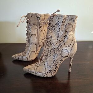 SCHULTZ "Anaiya" Snake-Embossed High Heel Pointy Toe Booties - Size 7